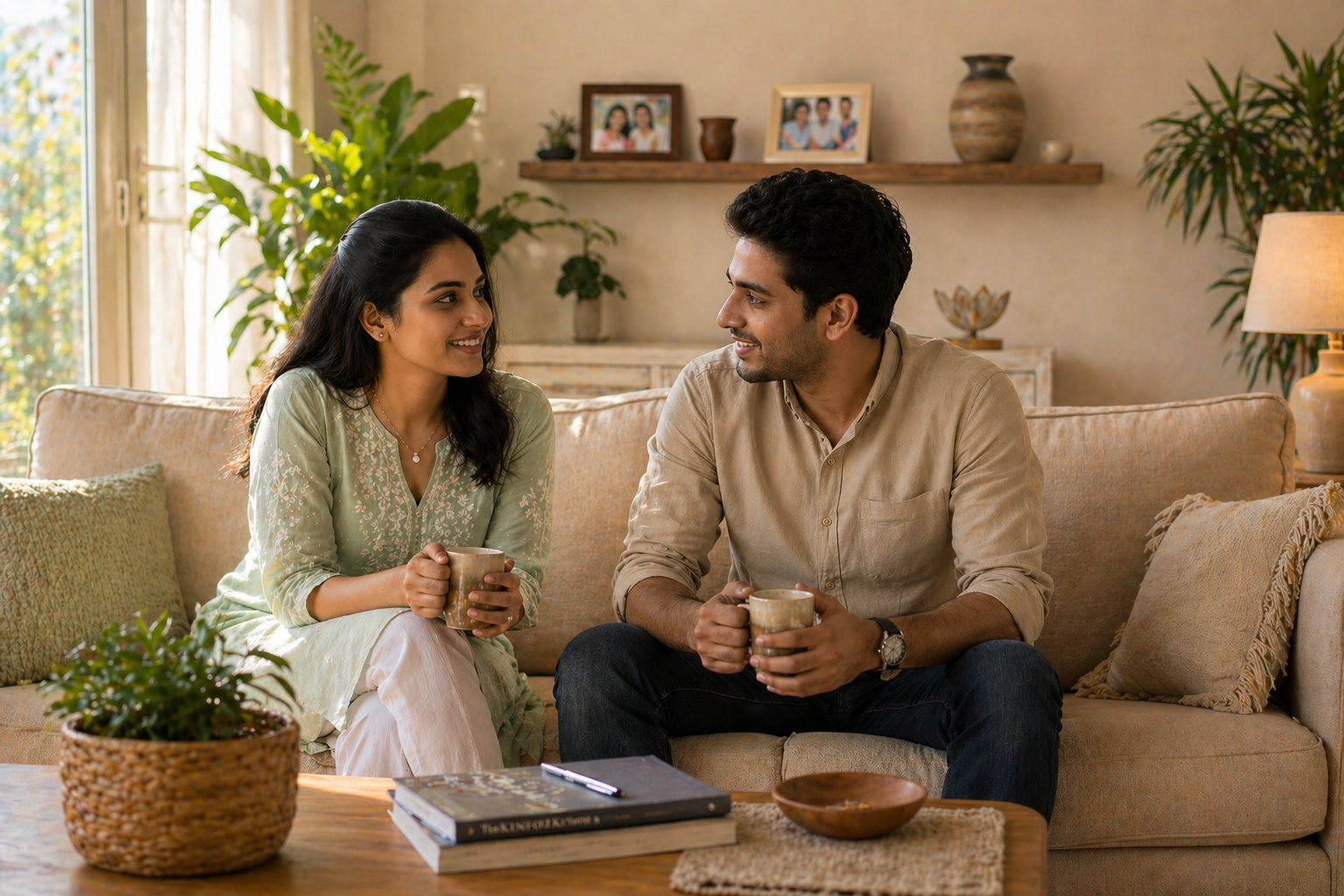 Respectful Indian couple sitting at home with warm, relaxed body language