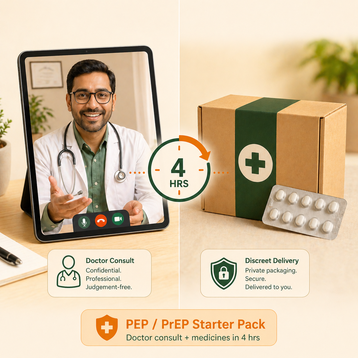 Doctor consult and discreet PEP PrEP medicine delivery within four hours